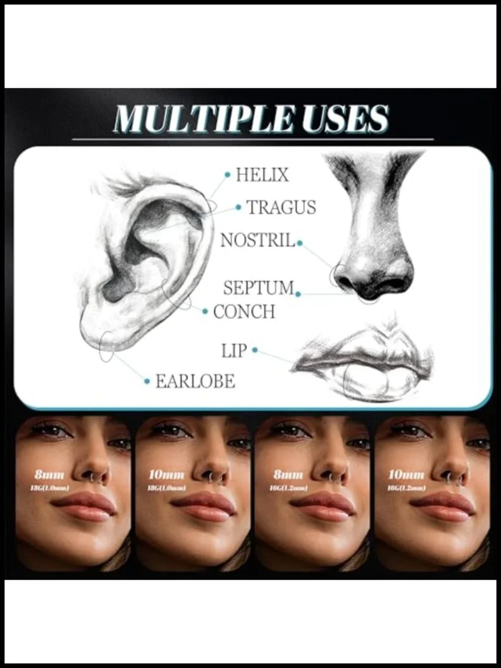 16G 18G G23 Pure Titanium Horseshoe Septum Ring Nose Hoop Internally Threaded